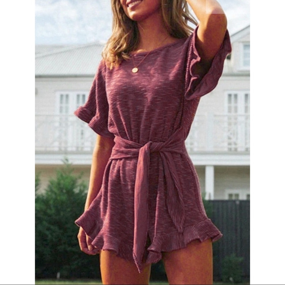 RESTOCKED! Burgundy Self-Tie Ruffle Romper